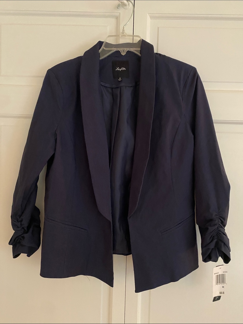 Shawl Collar Navy Blazer with Ruched Sleeves - Amy Byer